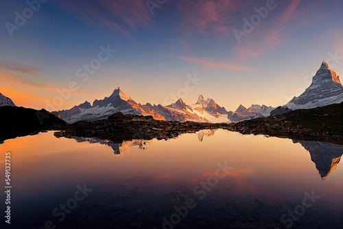 morning view of Swiss Alps beautiful calm lake with mirror refle