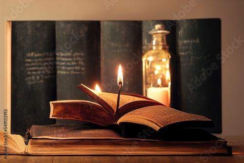 a burning match in a book with magic spells od books background