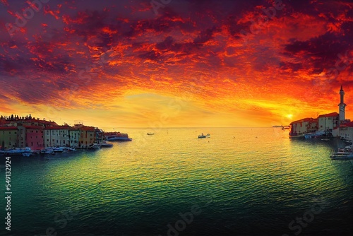 burning sky over the balkan coast. abstract colorful sunset over the sea, small croatian village and fishing boats, emerald water in travel. Generative AI