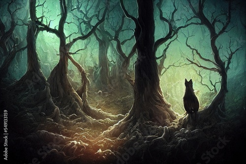  bird's eye view, lost forest, spooky trees, haunted forest, magic strange ghost of wolf