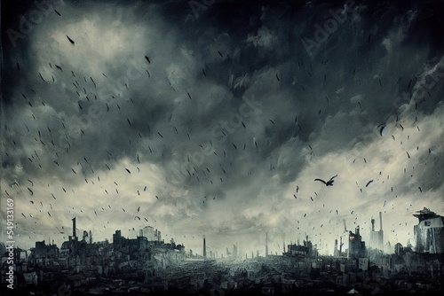 bird's eye view, post apocaliptyc city, dark sky with spooky birds, lost streets, lost buildings