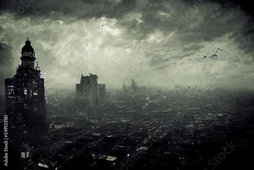 bird's eye view, post apocaliptyc city, dark sky, lost streets, lost buildings, broken lantern
