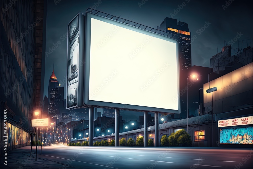 Blank Large Billboard On Street In Town At Night. Cartoon Cityscape With Empty Road, Street Lights And White Advertising Bigboard With Lamps. Big Marketing Poster