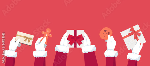 set of Santa Claus hands in white gloves holding boxes, cookie and gingerbread on blank red background, vector flat illustration	