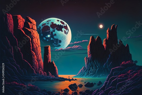 Night Landscape With Neon Moon And Rocky Cliffs