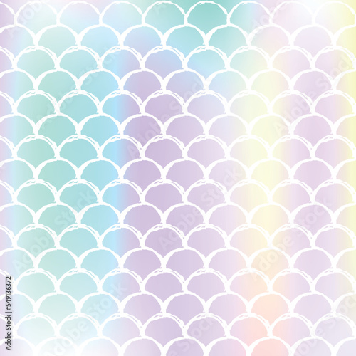 Gradient mermaid background with holographic scales.