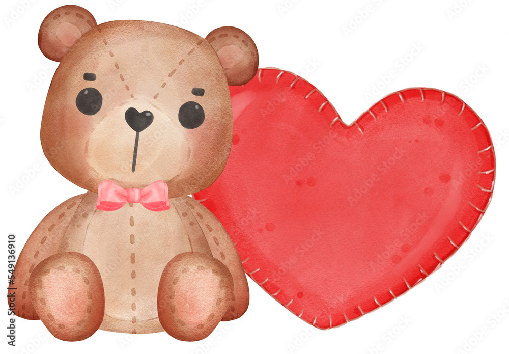 cute Valentine brown teddy bear doll hugs red heart watercolour hand drawing cute Valentine brown teddy bear doll hugs red heart watercolour hand drawing