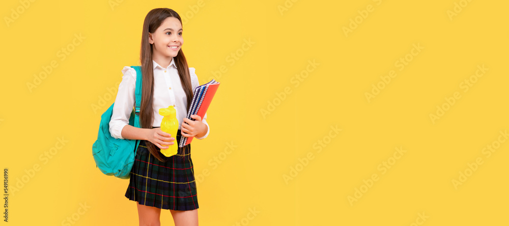 cheerful kid going on lunch. teenager student hold planner notebook. Banner of school girl student. Schoolgirl pupil portrait with copy space. cheerful kid going on lunch. teenager student hold planner notebook. Banner of school girl student. Schoolgirl pupil portrait with copy space.