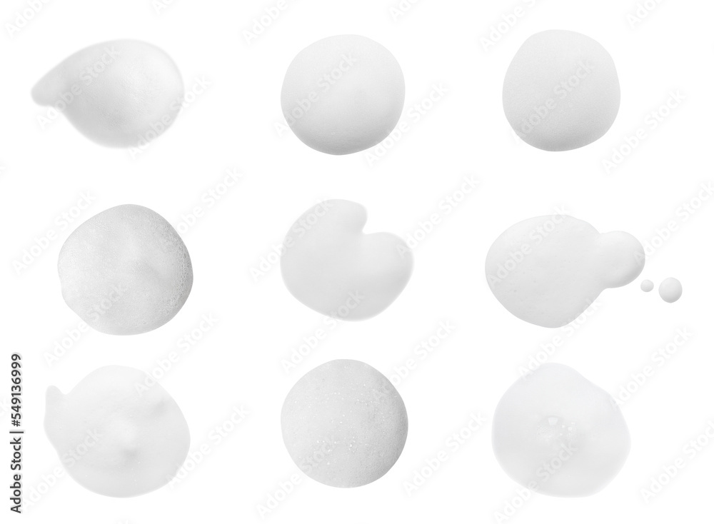 Set with drops of fluffy soap foam on white background, top view - obrazy, fototapety, plakaty 