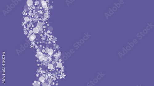 Snow window with ultra violet snowflakes. New Year backdrop. Winter frame for flyer, gift card, invitation, business offer and ad. Christmas trendy background. Holiday snowy banner with snow window
