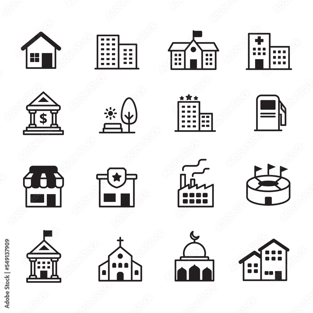 Set of building icons with black glyph style isolated on white background