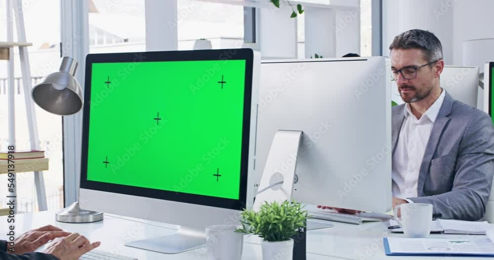 Business, startup team and green screen computer, mockup and digital marketing job. Corporate woman, pc and mock up on screen, tracking markers and typing with focus, strategy and planning with group