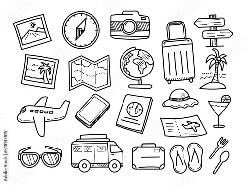 Set of trip and travel doodles with cute hand-drawn style isolated on white background