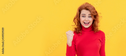 Woman isolated face portrait, banner with copy space. happy successful woman celebrating victory and success feel happiness, positive emotions.