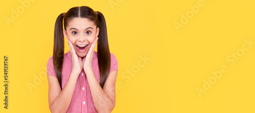 Surprised girl child touch beautiful face keeping mouth open with surprise, beauty. Child face, horizontal poster, teenager girl isolated portrait, banner with copy space. © Olena