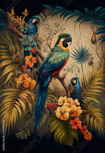 wallpaper branches palm tree plants, a painting of a parrot, illustration with bird plant