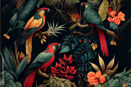 wallpaper and leaves tropical fores, a group of colorful birds on a tree, illustration with bird plant © EricSchumid