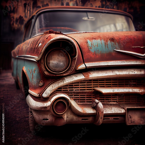 vintage rusty texture car background, a rusted car with a painted face, illustration with automotive parking photo