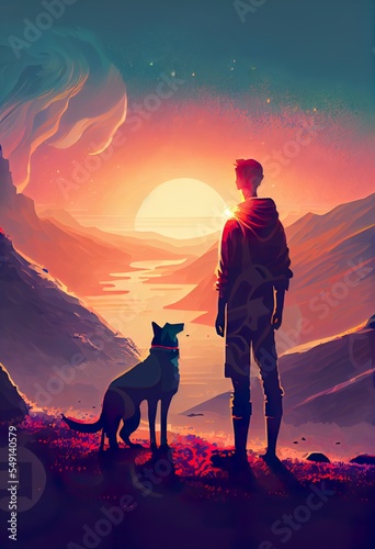 raveler and dog standing and  a man and a dog standing in front of a sunset  illustration with dog sky