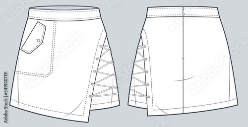 Lace up Mini Skirt technical fashion illustration. Asymmetric Skirt fashion flat technical drawing template, mid rise, pocket, front and back view, white, women CAD mockup.