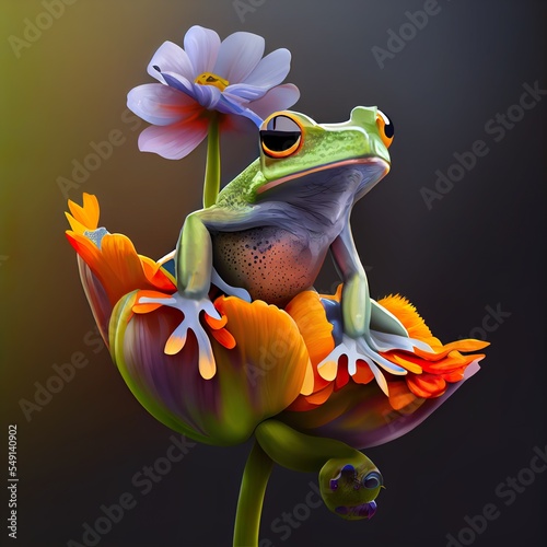 stunning colourful illustration of cu, a frog holding a flower, illustration with flower plant