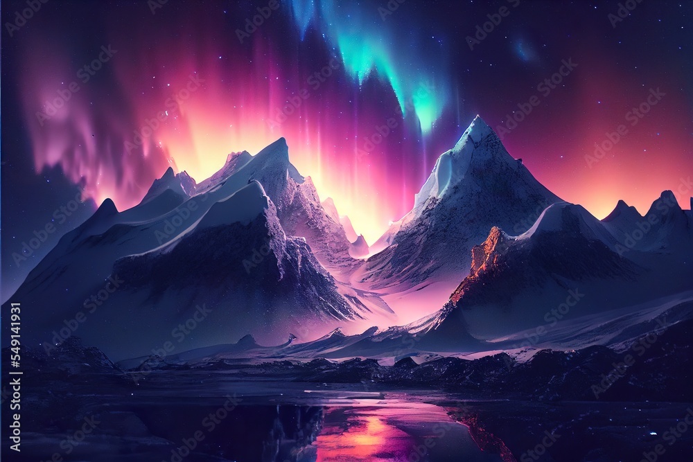 photorealistic northern lights over, a mountain with a bright light in the sky above it, illustration with atmosphere mountain