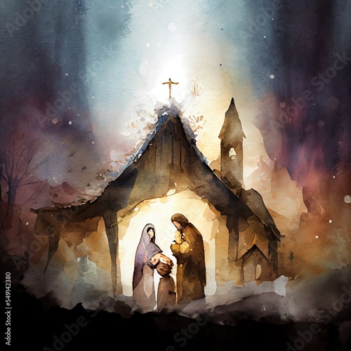 nativity scene. christmas watercolor, a group of people standing in front of a building with a cross on top, illustration with photograph sky