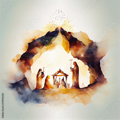 nativity scene. christmas watercolor, a volcano erupting with lava, illustration with world gesture