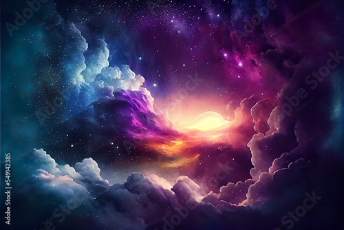 mystic cloudy sky with galaxy, a colorful nebula in space, illustration with cloud atmosphere