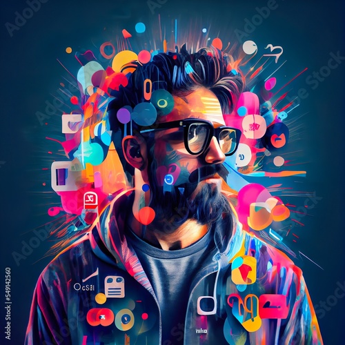 millennial, social media blogger, on, a man wearing a mask and glasses, illustration with eyewear sleeve