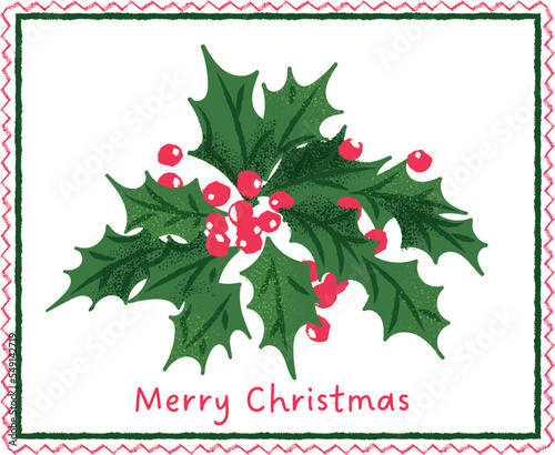 Hand drawn minimalistic christmas 2023 card with holly tree. Vector illustration