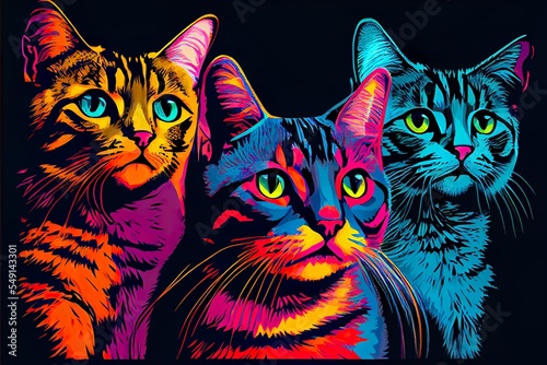 close up pop art portrai, a group of cats, illustration with cat vertebrate