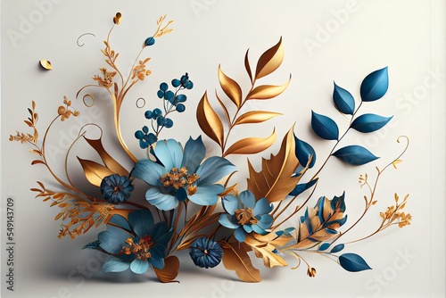 legant golden and blue flowers, background pattern, illustration with plant botany photo