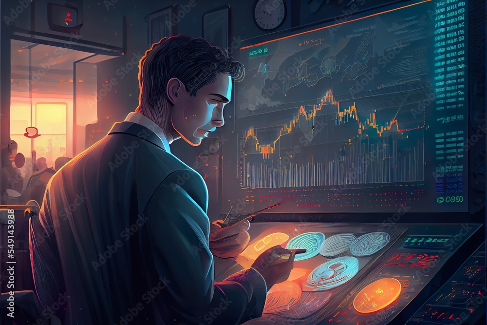 currency trading illustration, a man playing a card game, illustration with flash photography