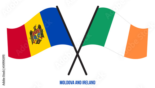 Moldova and Ireland Flags Crossed And Waving Flat Style. Official Proportion. Correct Colors.