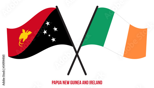 Papua New Guinea and Ireland Flags Crossed & Waving Flat Style. Official Proportion. Correct Colors.