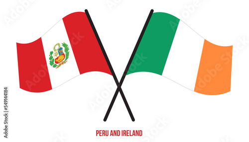 Peru and Ireland Flags Crossed And Waving Flat Style. Official Proportion. Correct Colors.