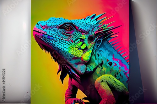 colorful iguana pop art portrai, a person with a mask, illustration with iguania organism photo