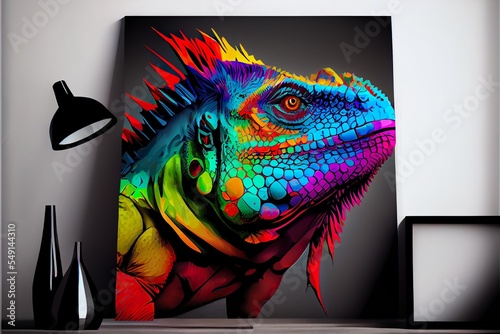 colorful iguana pop art portrai, a colorful bird with a black background, illustration with iguania rectangle photo