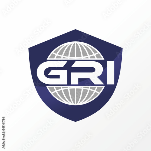 Simple and unique globe like letter or word GRI font with shield guide shape image graphic icon logo design abstract concept vector stock. Can be used as symbol related to group or protect