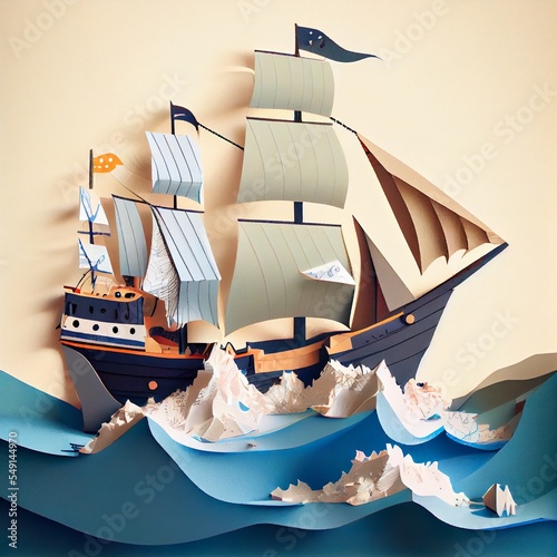 Fotografia big, little ship a paper, a model of a ship, illustration with boat water