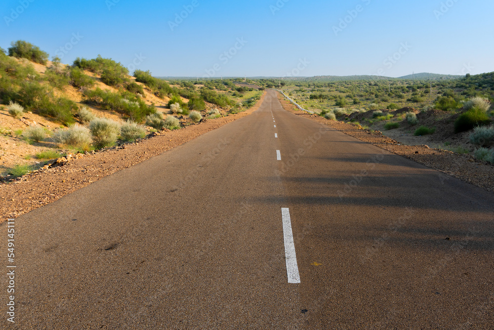 Morning in desert with empty high road or national high way passing through the desert. Distant horizon, Hot summer at Thar desert, Rajasthan, India.