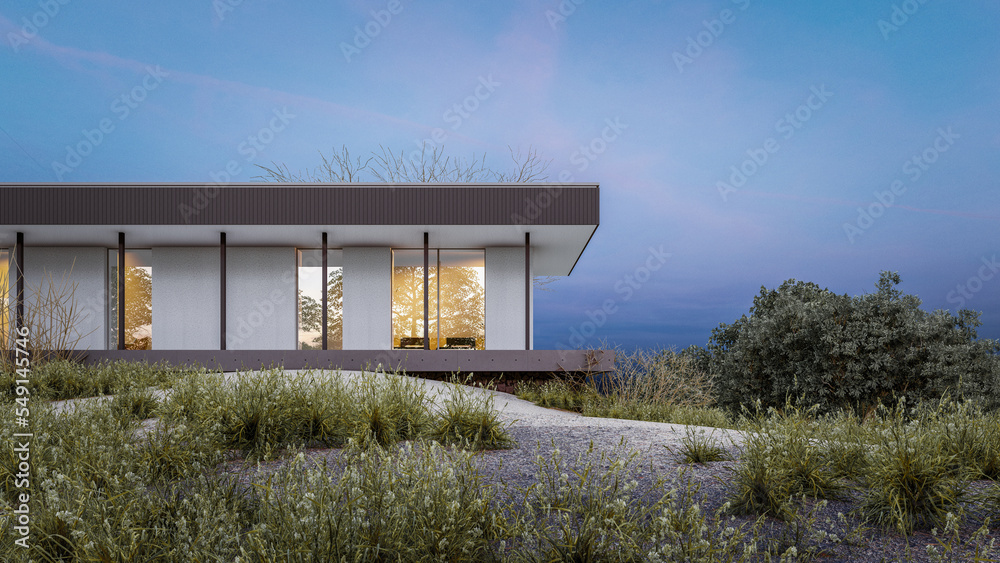 Architectural 3D rendering illustration of modern minimal house
