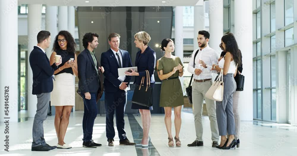 Communication, diversity and business people at networking event talking, discussion and speaking about economy growth. Team business meeting, company lobby and employee group chat about global sales