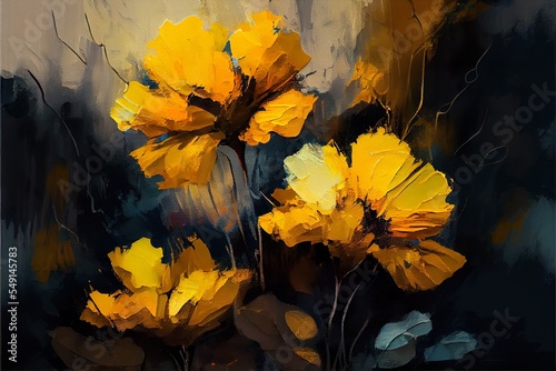 bstract painting of vibrant yellow, a pile of yellow and orange leaves, illustration with plant flower