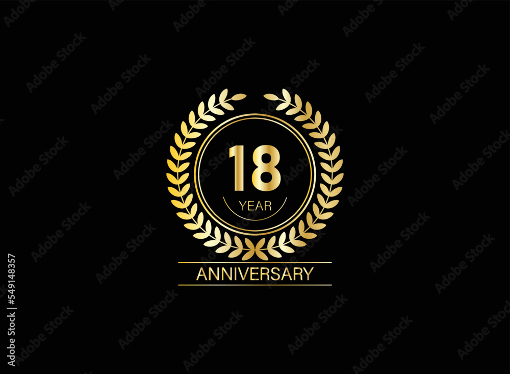 Naklejka premium 18 years anniversary logo. Vector and illustration. gold anniversary logo.