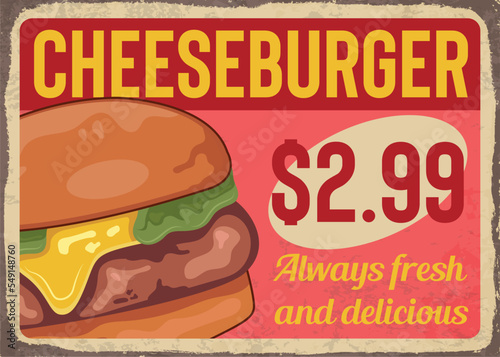  Cheeseburger fast food advertisement promo retro poster vector template