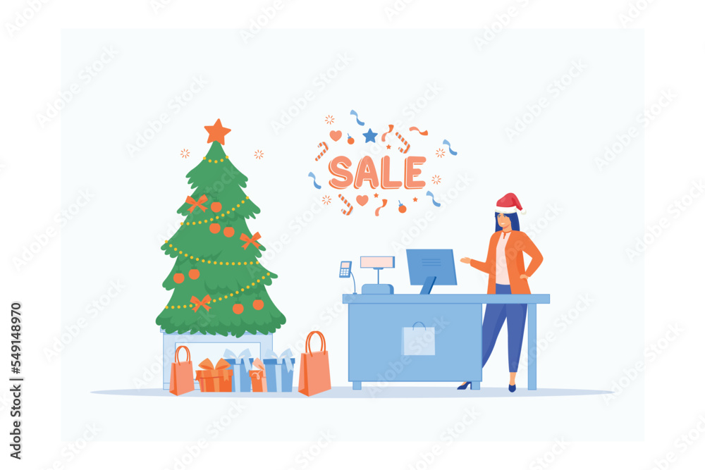 Merry Christmas And New Year In Shop. Store with customers crowd and cashier near cash desk. Gifts and presents, Sale Boxing Day banner, flat vector modern illustration