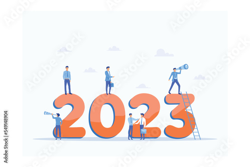 Happy new year 2023. 2023 business goals concept, Business team seeking new opportunities. Leadership. Vision. Achievement, flat vector modern illustration