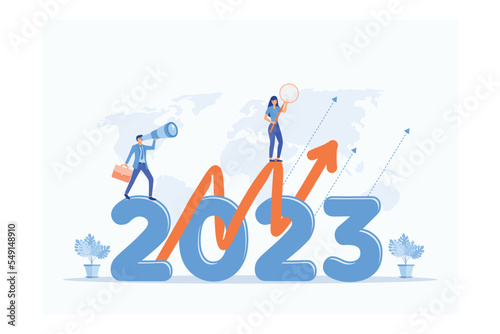 Happy new year 2023. 2023 business goals concept, Business team seeking new opportunities. Leadership. Vision. Achievement, flat vector modern illustration